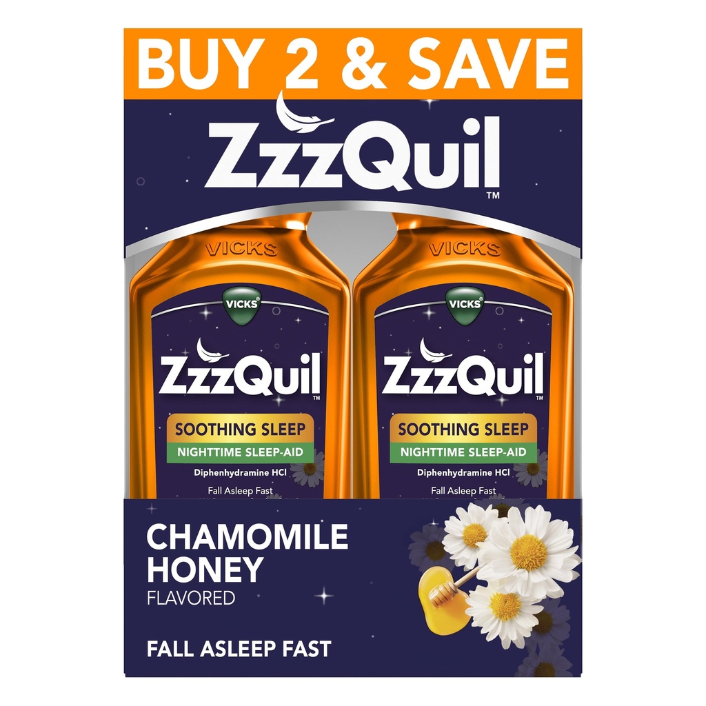 ZzzQuil Liquid Sleep Aid, Soothing Sleep, Difenhidramina 50mg HCl, Chamomile Honey Flavored, noapte de somn Liquid, Sleep Aids pentru adulți, 2 Pack, 24 FL OZ