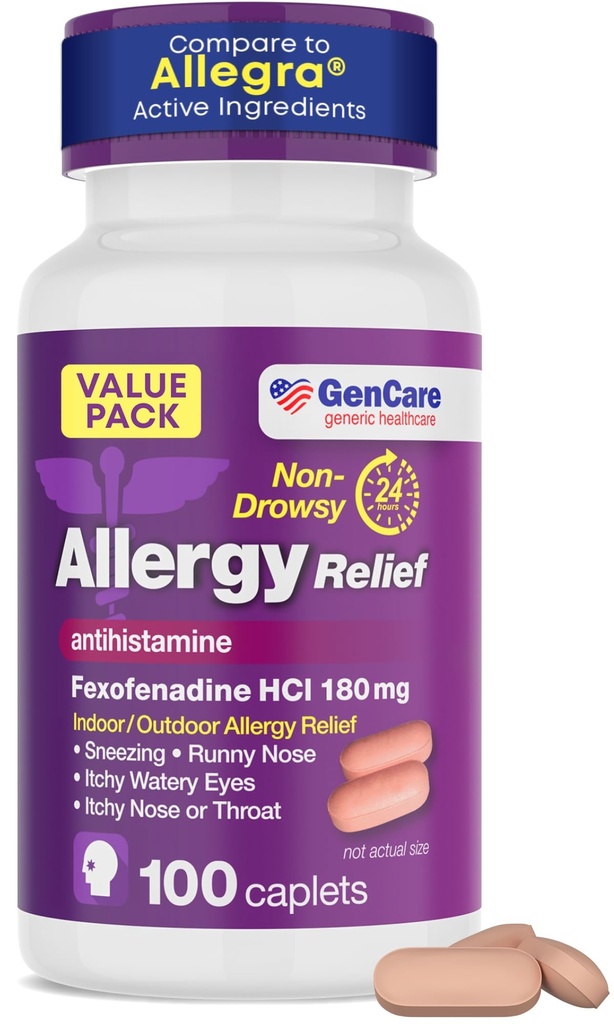 GenCare Alergie Relief Pilule - Fexofenadina 180mg 24 Ore Medicina non-Drowsy Alergia Antihistamina, Comparativ cu Allegra 24 Ore Pastile non-Drowsy pentru ochi Mâncărimi, Nasul Runny, Hives (100 Conte)