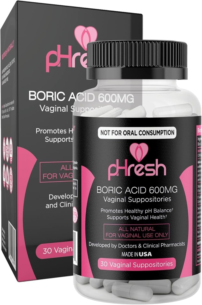 pHresh Acid Boric Supozitoare pentru femei, Sacrificii pentru uz odor, Ingrijirea Feminina Naturala Suporturi Sanatate Vaginala & Promoveaza Balance sanatoasa pH-ul - Made in USA
