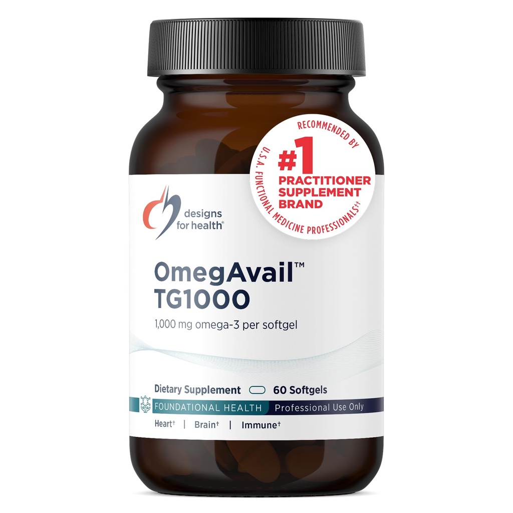 Proiectări pentru sănătate OmegAvail TG1000 - TG (Trigliceride) Suplimentul de ulei de pește cu EPA/DHA - Foarte concentrat 1000mg Omega-3 Per Softgel - Aroma de lămâie naturală + Nu gust de pește (60 Softgels)