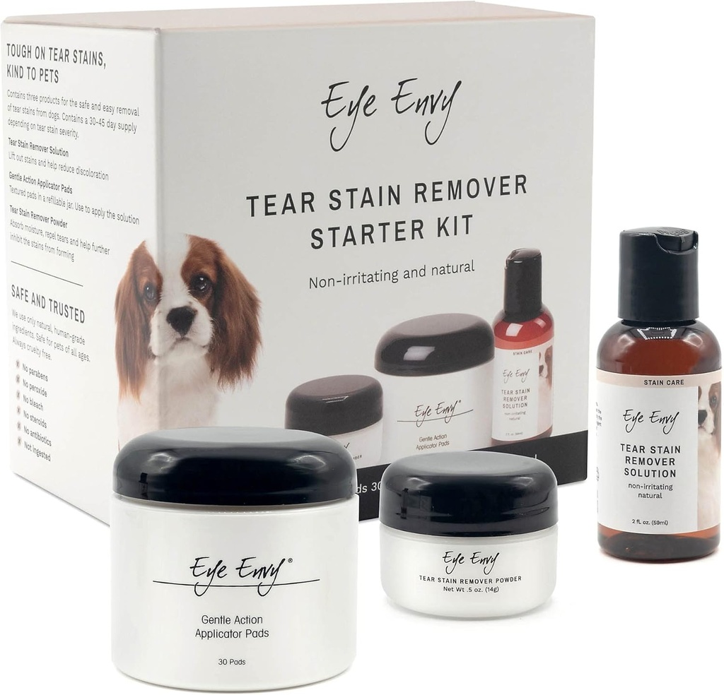 Eye Envy Dog Tear Stain Remover Starter Kit. 100% naturale, în condiții de siguranță. Conține: Soluție pentru picioare, Pads aplicator, și pulbere pentru picioare. Kit de tratament Tear Stain. dureaza 30-45 zile. Made in USA