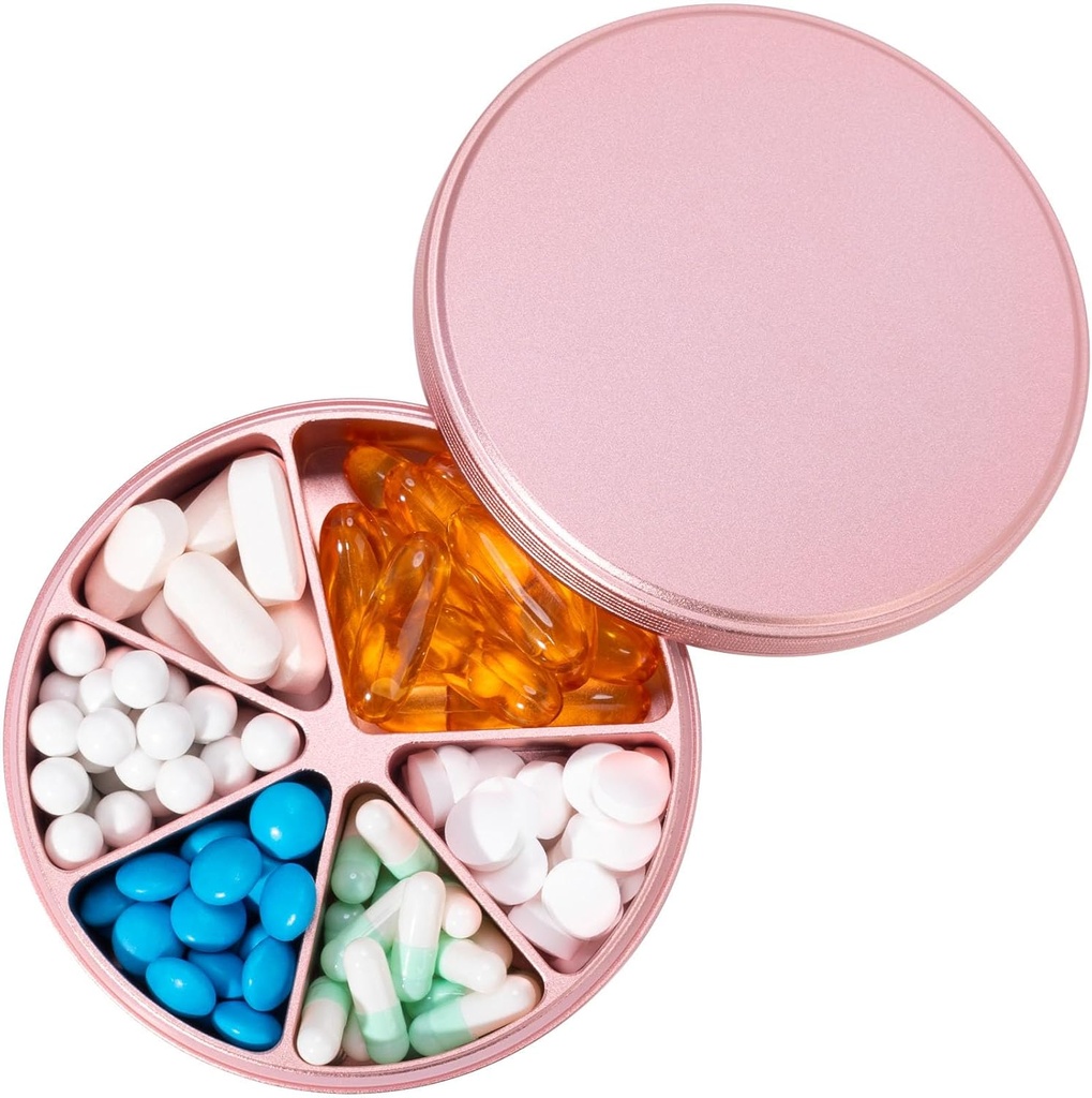 Organizator pastile 6 Compartimente Pilula Dispenser - Heavy Duty Metal Daily Pilula Container, Daily Box Pill Deţinătorul de pastile, medicamentaţie impermeabilă Caz pentru Vitamină Supliment Medicina Ulei de peşte, 0.38lb, roz