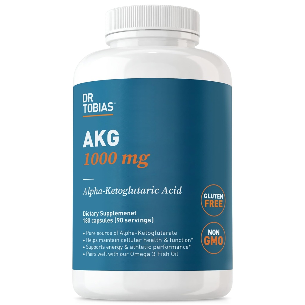 Dr. Tobias AKG Supliment 1000 mg Per Serving, Biodisponibil Alpha Acid Ketoglutaric, Suportă Energie Cellulară & Fluxul de oxid de azot, Vegan, Gluten-Free, non-GMO, 180 Capsule, 90 Servings