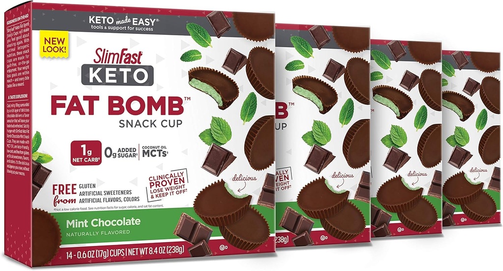 SlimFast Keto Fat Bomb Snack Cup, Mint Chocolate, Keto Snacks pentru pierderea in greutate, Carb scăzut cu 0g Zahăr adăugat, 14 Count Box (Pachet de 4)
