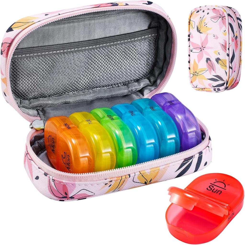 Serfeymi Weekly Travel Pill Organizator 2 Times A Day AM PM Upgraded Rainbow Pill Box 7 Ziua cu Portabil Zipper PU Pilula din piele, Medicina Organizator pentru pastile, vitamine, uleiuri de pește - roz 03