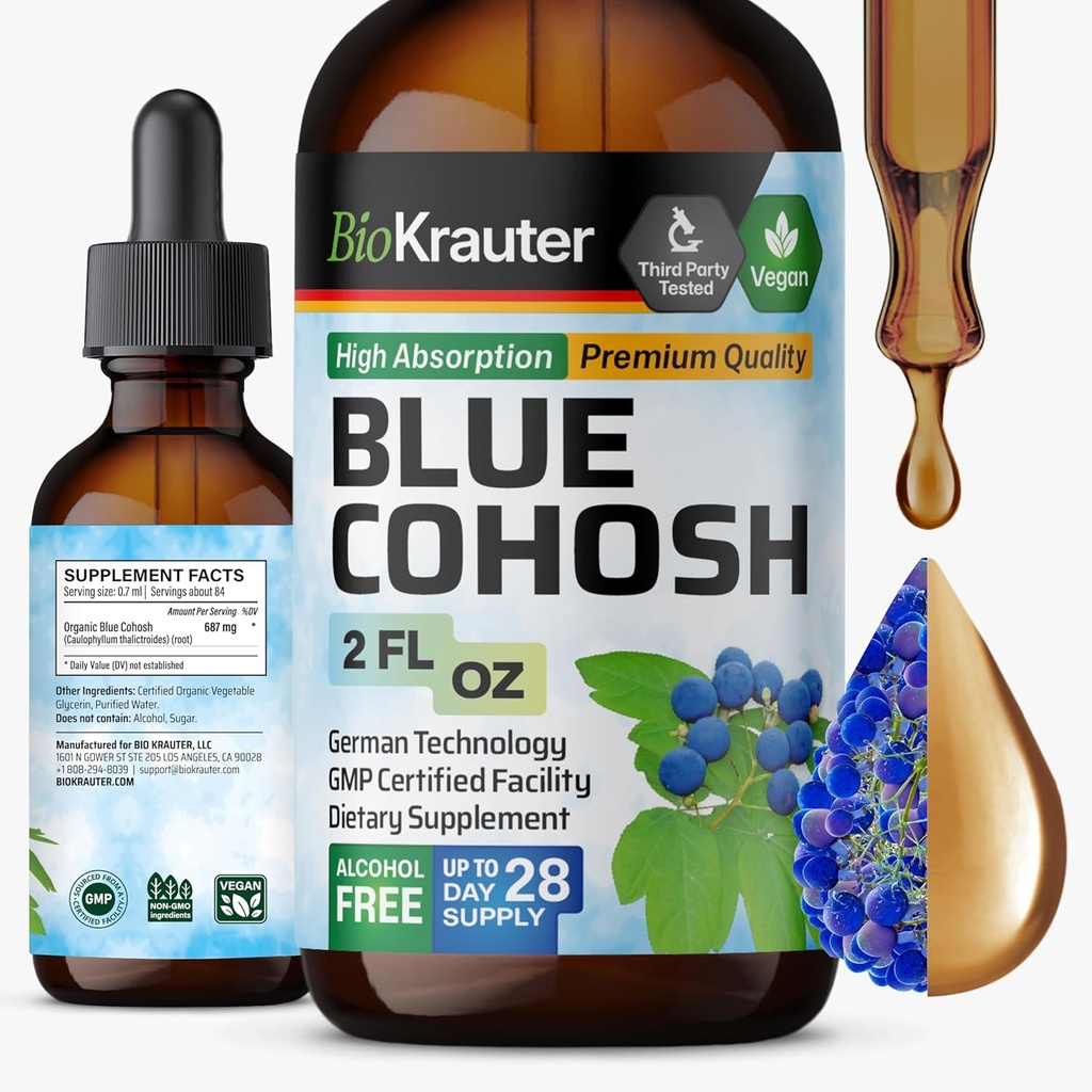 BIO KRAUTER® Menopause Suplimente pentru Femei* - Blue Cohosh Tincture 2 Fl.Oz 28 Days of Supply - Vegan Blue Cohosh Extract for Menopause Support - Alcool & Sugar Free - Relaxation & Women Wellness