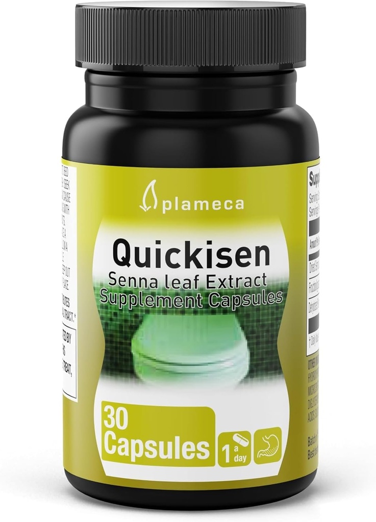 Plameca Quickisen Capsule Laxative, Relief de constipaţie ocazională, extract de senna naturală, Suporturi Sănătate intestinală, Supliment alimentar Gluten-Free şi lactate-Free, 30 capsule