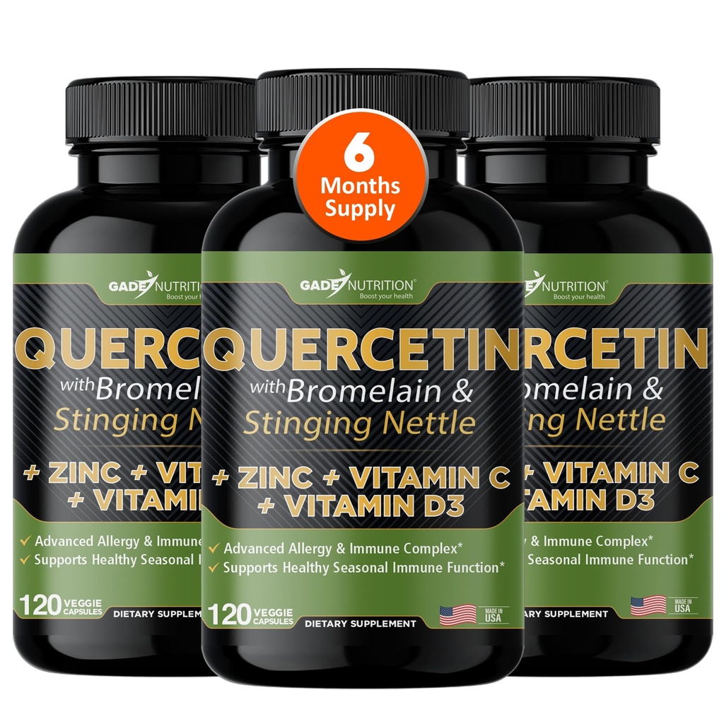 Gade Nutrition Querbetin cu vitamina C, zinc & Stinging Nettle - Nettle Querbetin - Querbetin 500 mg - Querbetin cu Bromelain - Zinc Querbetin + Vitamina D3-360 Veggie Caps - 6 Luna de aprovizionare