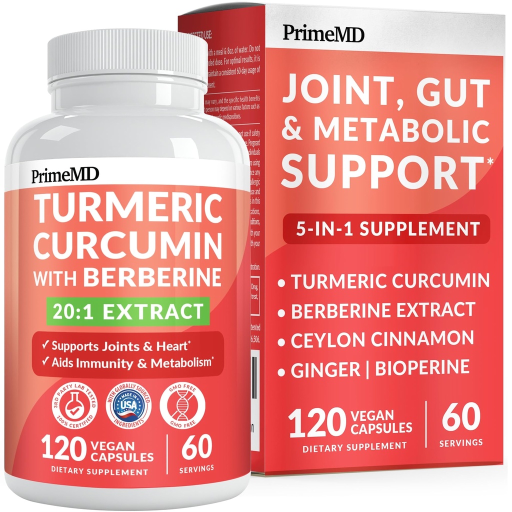 5-in-1 Suplimentul cu Curcumina Turmerica organica (4210mg) cu Berberina, Ceylon Cinnamon Bioperina si Ginger Suplimente pentru articulatii, inima, guta si suport metabolic (120 ct)