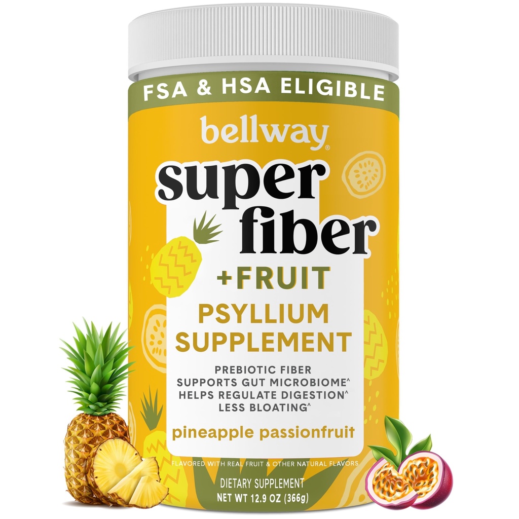 Bellway Super Fiber Powder + Fruit, Sugar Free Organic Psyllium Husk Powder Fiber Supplement for Regularity, Blaating Relief & Digestive Health, Plant-Based, Ananas Passion Fruit (50 Servings)