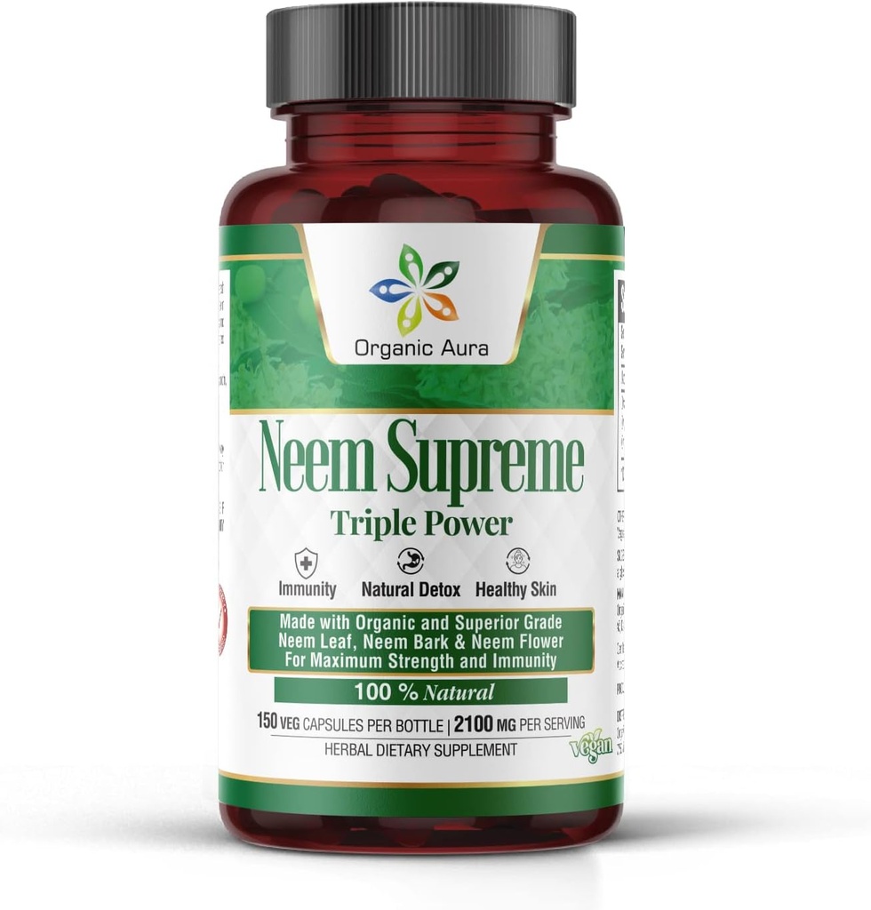 Capsule organice Aura Neem Supreme. 150 Capsule Veg. Triple Complex - Max Putere Pură Putere Azadirahta Capsule Indica. Antioxidant natural, sănătate a pielii, suport al imunităţii.
