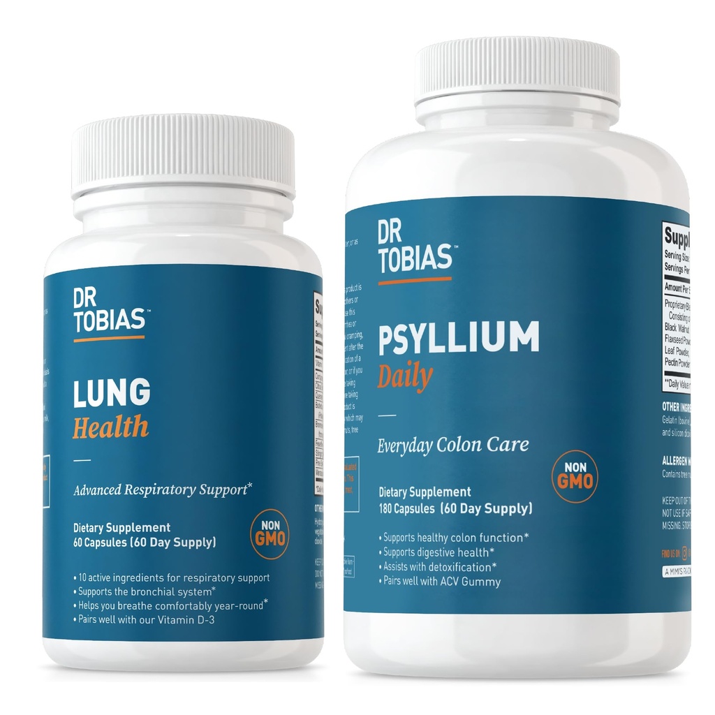 Dr. Tobias Lung Health & Psyllium Suplimente zilnice, Lung Cleanse & Detox Formula, Sprijină Mişcări Bowel sănătoase cu Psyllium Husk, Vitamina C, Butterbur, Querbetin, Daily Fiber şi Suplimentul Plămânilor