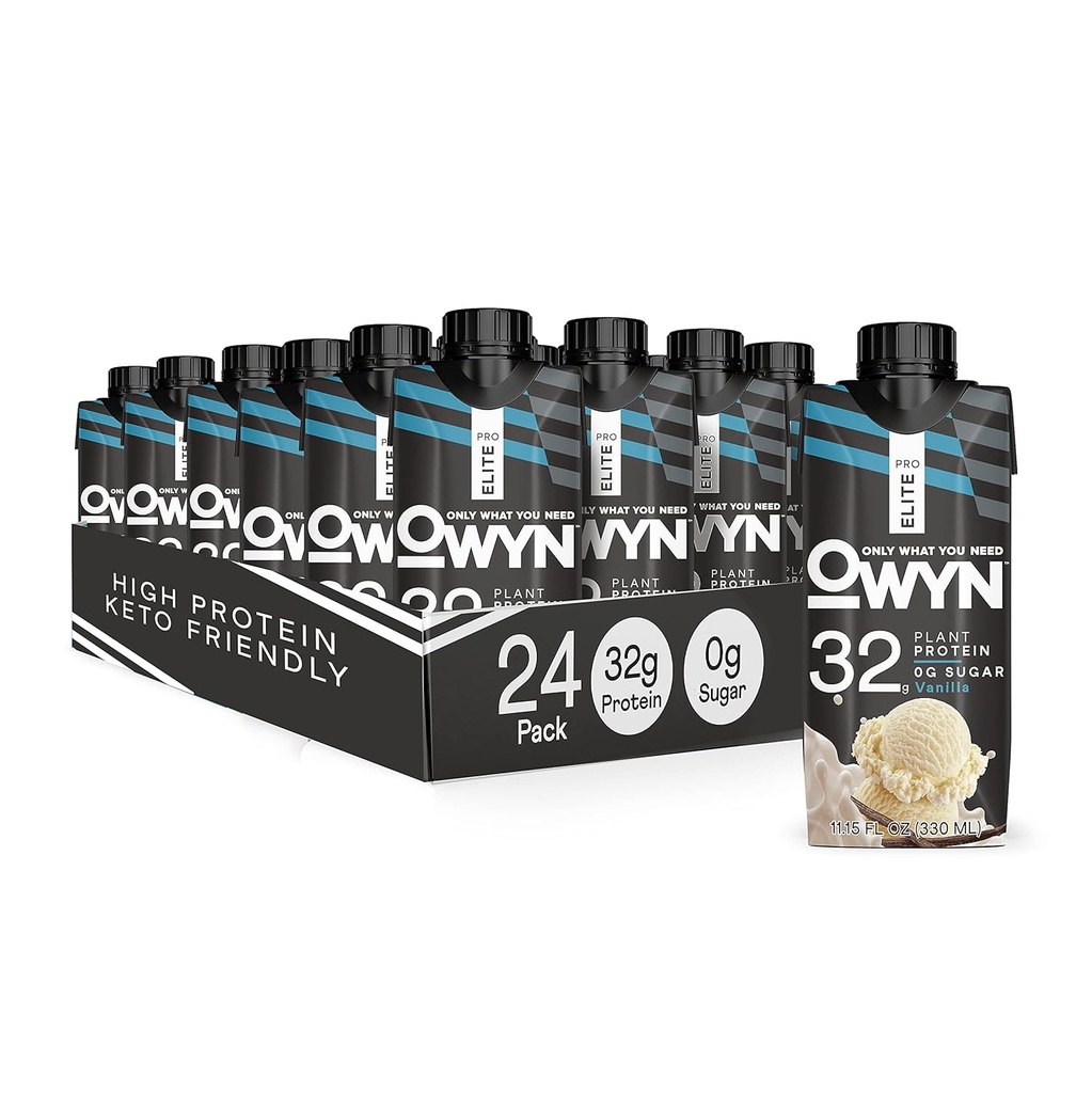 OWYN Pro Elite Vegan plante-Based mare de proteine Shake, Vanilla, 24-Pack, 32g Proteina plantelor, Prebiotice, Superfoods Verzi pentru antrenament și recuperare, 0g Net carbohidrați, Zero zahăr, Keto (24 Pack)