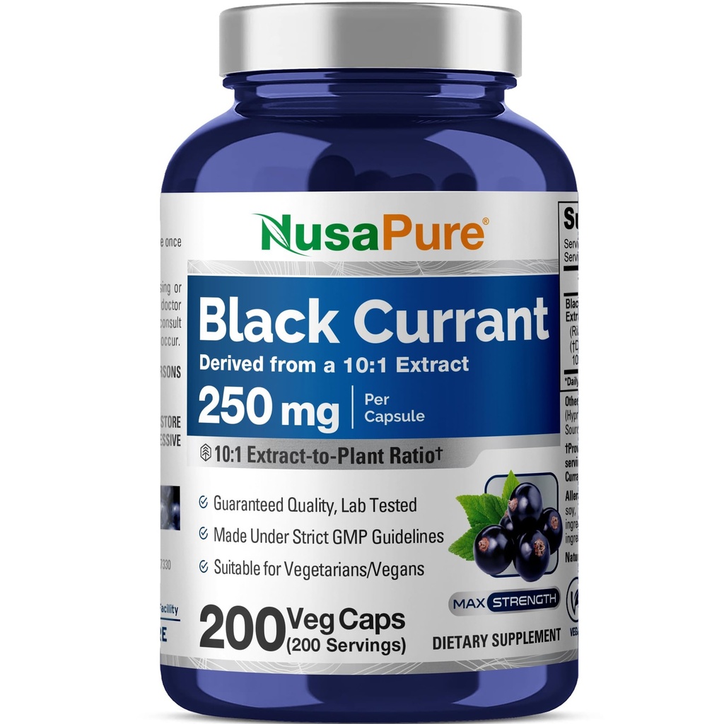 NusaPure Black Currant 10:1 Extract, 250 mg echivalent cu 2500 mg, per Veg Caps 200 Vegan, Non-GMO