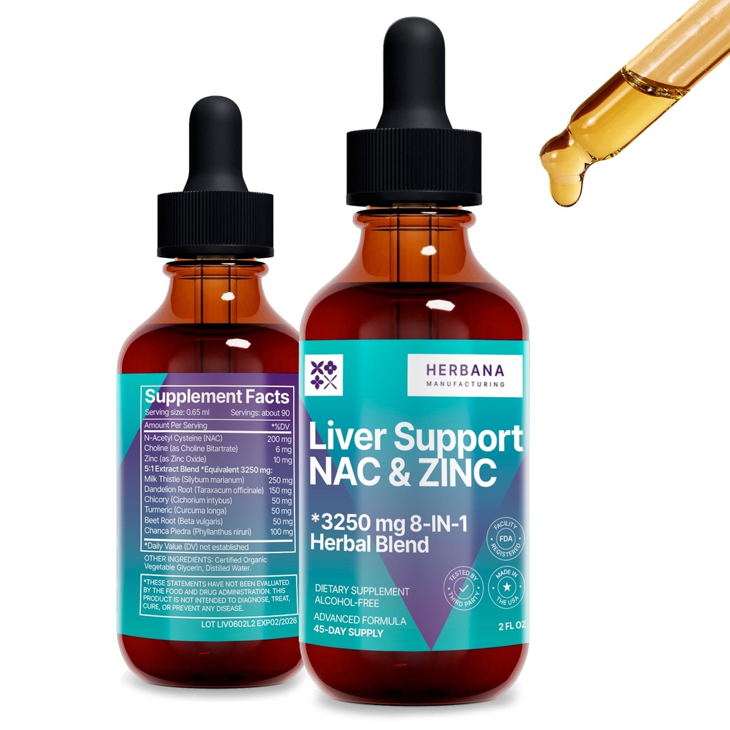 Suport hepatic & NAC, Zinc - 2 fl oz Picături lichide cu Thistle lapte, Root Dandelion, Cicoare, Turmeric, Root de sfeclă, Chanca Piedra - Liver Cleanse & Detox Supliment