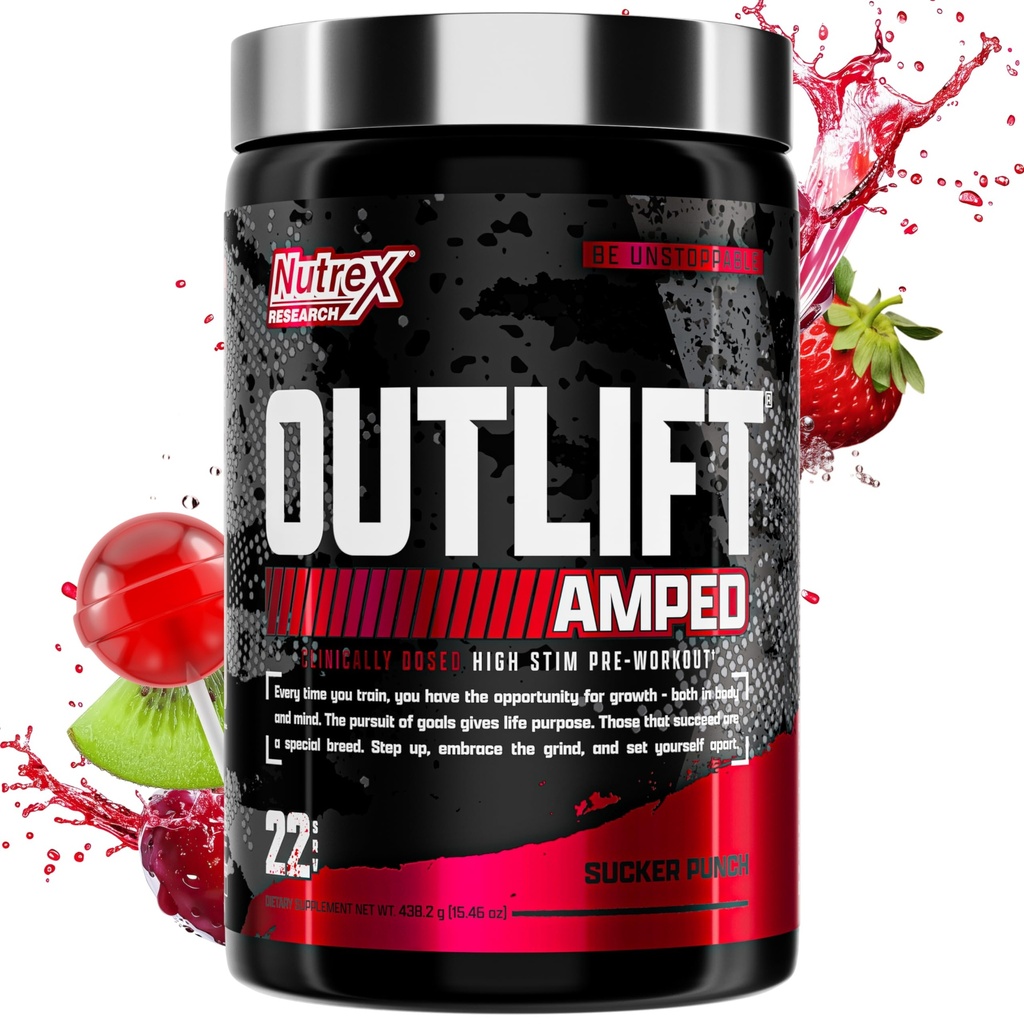 OUTLIFT Amped Max în doză mare Stim Pre Workout pulbere, 6G Citrulină, 3.2G Beta Alanine, Alpha GPC, CognatiQ, Energie Extremă, Pompe masive, Putere, Electroliți, Nootrops, Punch de fructe, 22 Servings