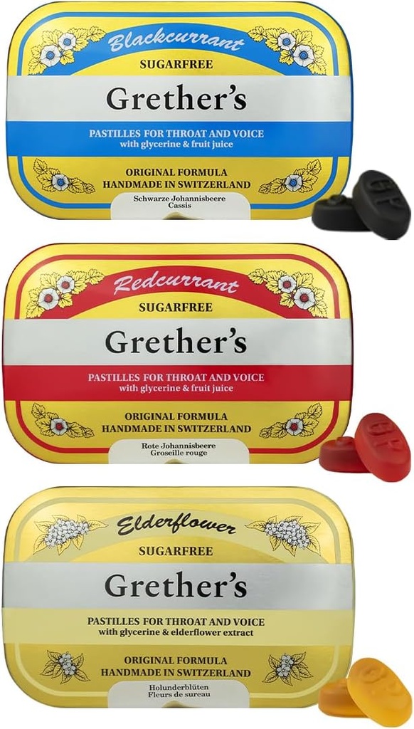 Pastilele fără zahăr, coacăze negre, flori de soc şi coacăze roşii - Cadou pentru cântăreţi - Remediu natural pentru ajutor de gură uscată - 2.1 oz (Pachetul din 3)