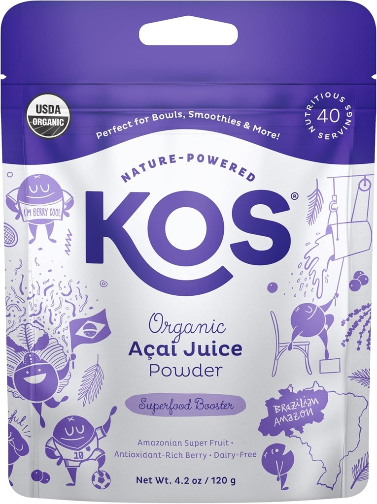 KOS USDA Organic Acai Powder, Neîndulcit Superfood - Antioxidant Natural, Acai Berry for Smoothies and Bowls - Polyfenol Abundent, Gluten-Free, Non-GMO, Climate Friendly resealable Bag, 40 Servings