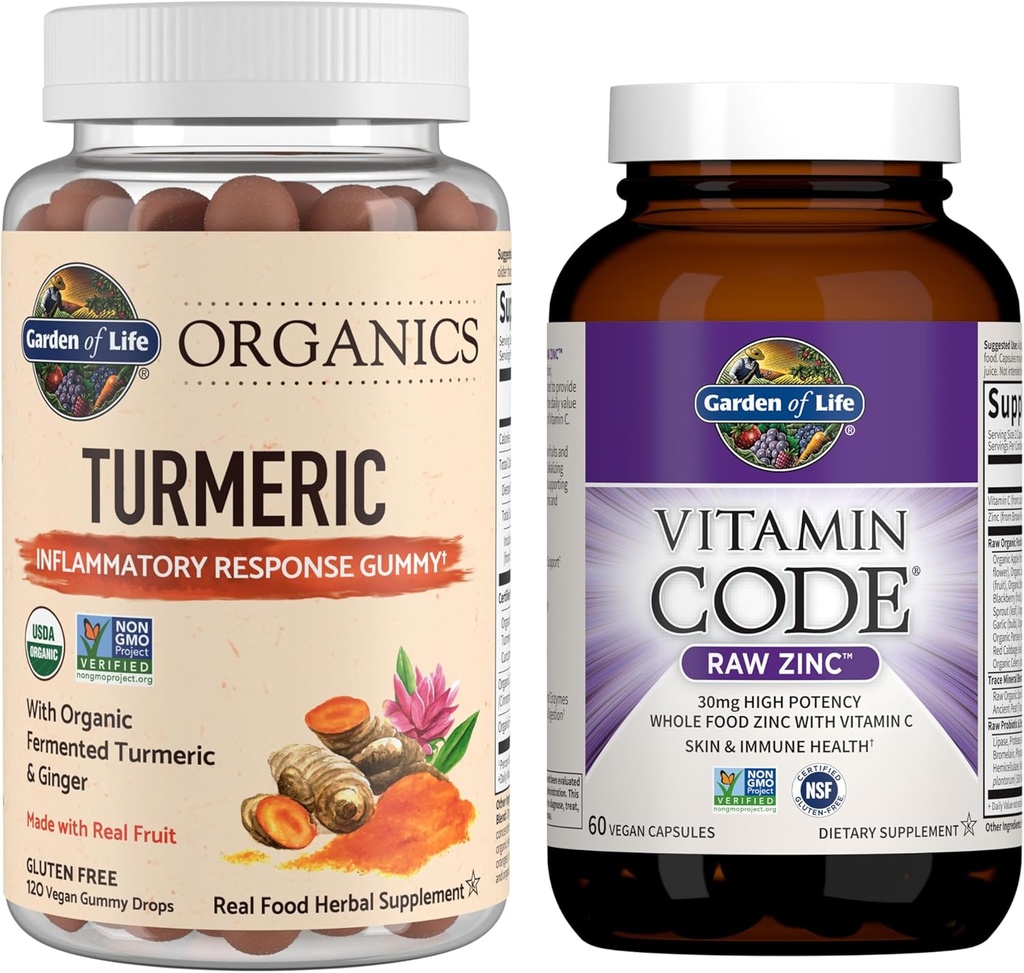 Grădina Vieţii Organice Răspuns inflamator Turmeric Gummy, 120ct şi Cod Vitamina Mare Potenţă Zinc brut, 60ct
