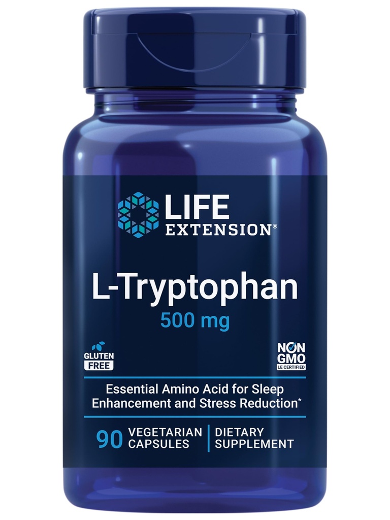 Life Extensie L-Tryptofan, 500 mg, Încurajează niveluri serotonina sanatoase si promoveaza somn sanatos, stare de spirit, Stres Response & Satety, Gluten-Free, non-GMO, Vegetarian, 90 capsule