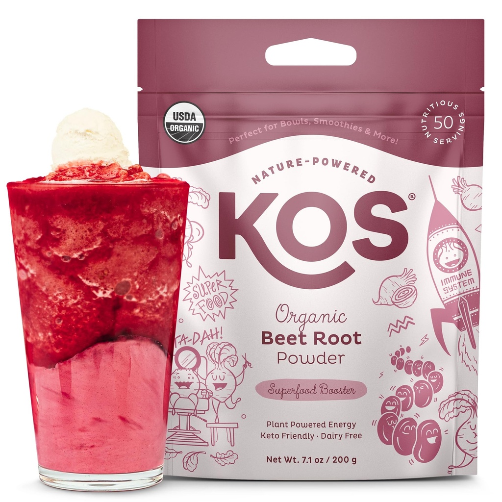 KOS Organic Beet Root Powder, USDA Certified - Ingredient pe bază de plante de super-alimentare de plante de plante de bază pentru rezistență Creștere, Circulație - non-GMO, Soy & Gluten-Free, 50 Servings Bag