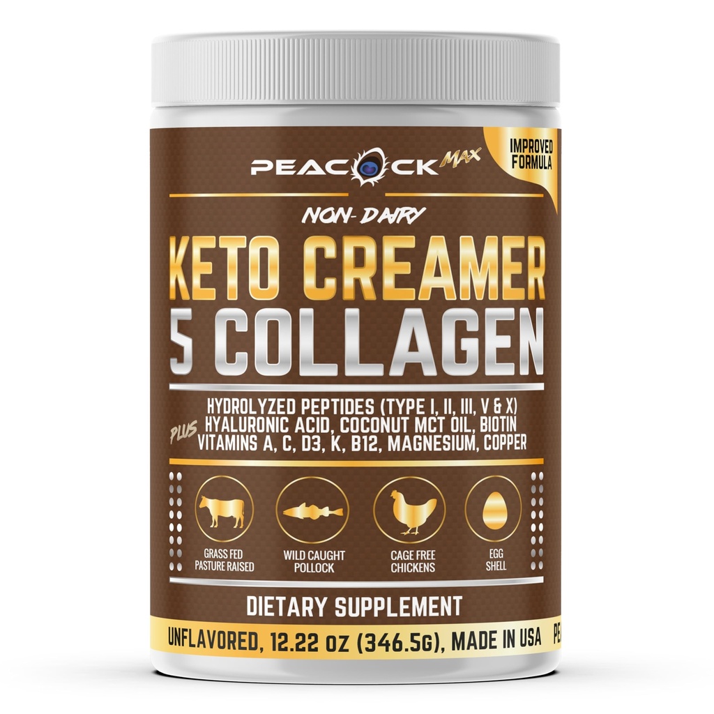 Colagen Keto Coffee Creamer Powder 12.2 oz - Hidrolizate Colagen Peptides cu ulei de nucă de cocos MCT, B12, Magneziu, Pulbere de proteine nearomatizate, Zahar Free Coffee Creamer pentru Smoothies & Baking