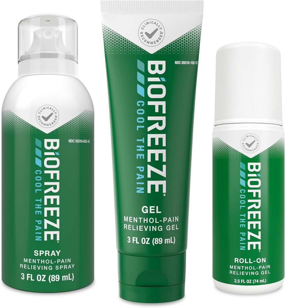 Biofreeze Durere de relief Roll-On 2.5 FL OZ, Gel 3 FL OZ, și Spray 3 FL Variety Pack Durere Topical Reliever pentru mușchi și articulații de la artrită, dureri de spate, dungi, vânătăi, entorse (Package May Vary)
