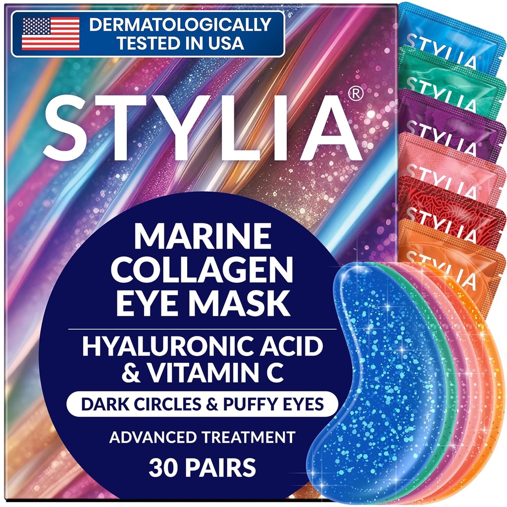 Stylia Colagen & Vitamina C sub ochi patch-uri pentru ochi pufos și cercuri întunecate - Depuffing, Hidratare și Firming Sub ochi masca cu acid hialuronic - Vegan, Cruzimea-Lipsa de piele (30 perechi)