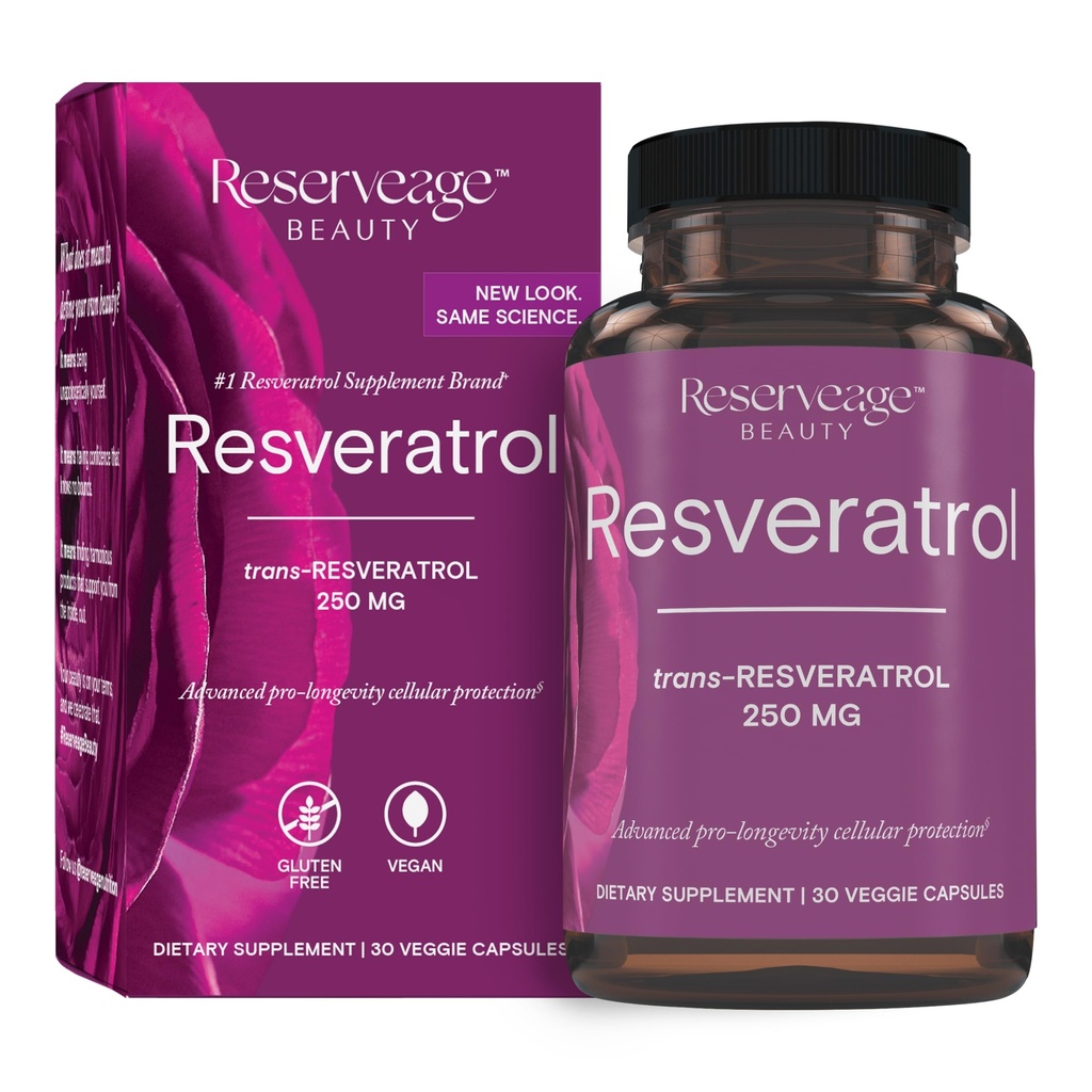 Reservage Beauty, Resveratrol 250 mg, Antioxidant Supliment pentru inima si sanatatea celulara, Sprijina Sistemul de imbatranire sanatoasa si imune, Paleo, Keto, 30 Capsule