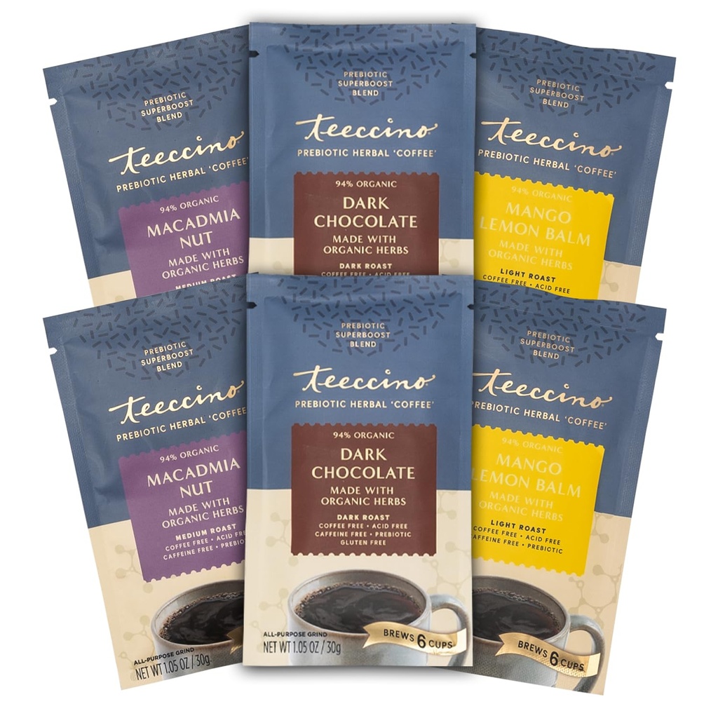 Teeccino Prebiotic SuperBoostTM Herbal Coffee Sampler - 6 Pachete trial-size - Ciocolata intunecata, Mango Lemon Balm, Macadamia Nut - Prebiotic, Cafeina-Free, Ground Coffee Alternative pentru sanatate buna