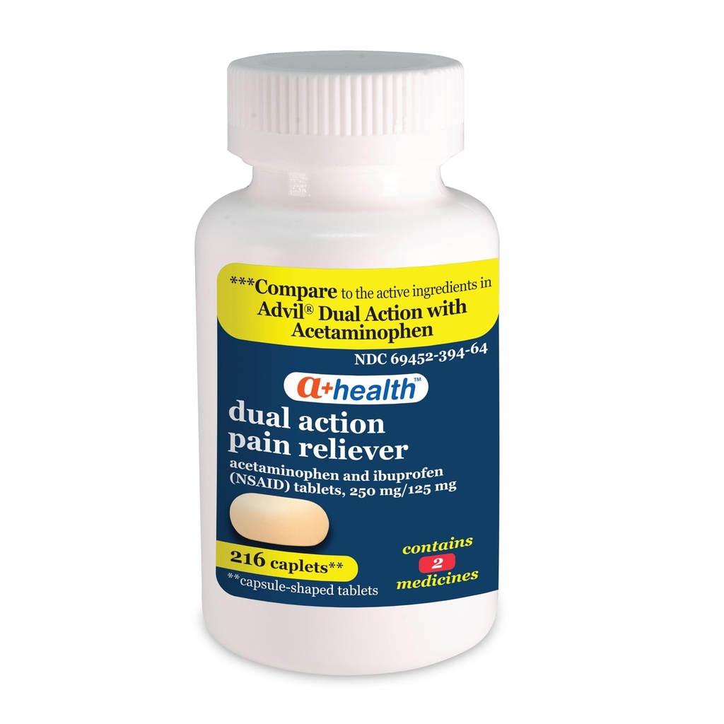 A+Health Dual Action Acetaminofen 250 mg şi Ibuprofen (AINS) 125 mg Pain Reliever Caplets, 216 Count