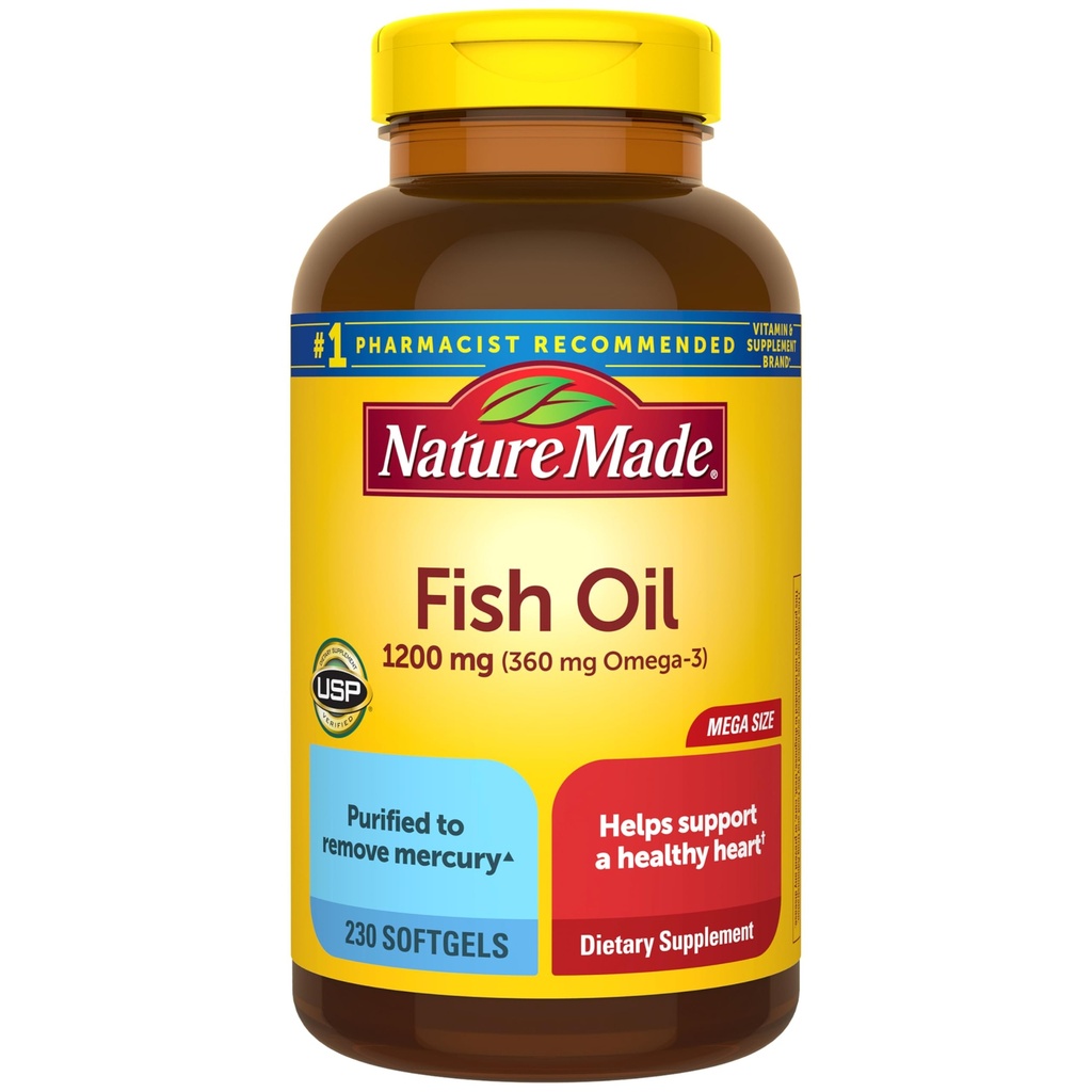 Nature făcut ulei de pește Omega 3 Suplimente, 1200 mg Softgels, Omega 3 ulei de pește pentru suport cardiac sănătos, 230 Softgels, 115 zile de aprovizionare