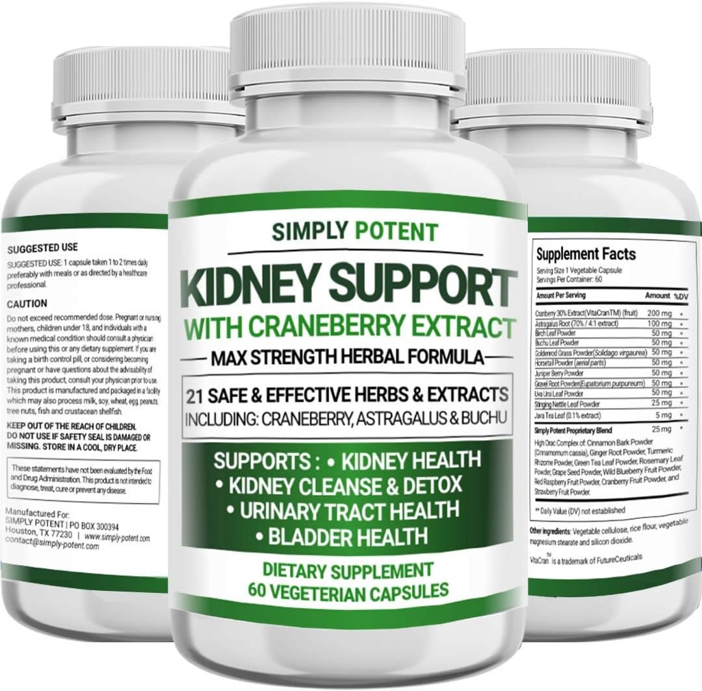Supliment de sprijin pentru rinichi, renal curata dezintoxicare & Reparatii Formula pentru sanatatea si restaurarea rinichiului, 705 mg pastile cu 21 Herbs - Cranberry Astragalus & Juniper pentru Bladder & tract urinar Health, 60 capsule
