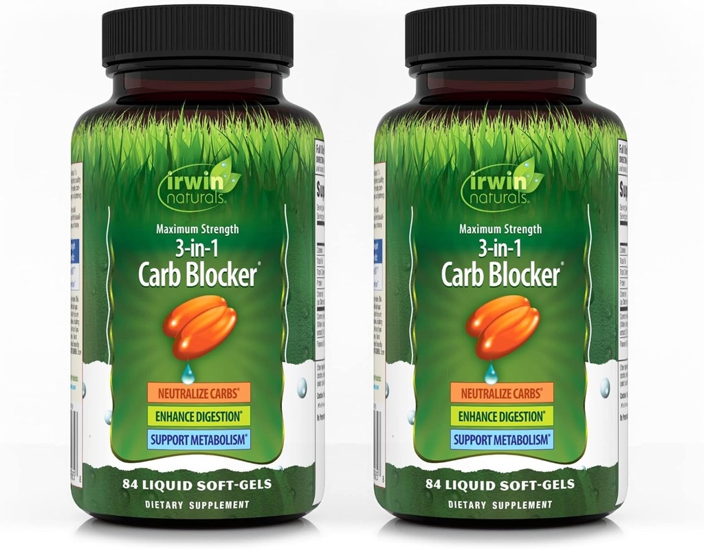 Irwin Naturals Putere maxima 3-in-1 Carb Blocker - 84 lichid Soft-Gels, pachet de 2 - Neutralizeaza Carbohidratii - 84 Total Serviri