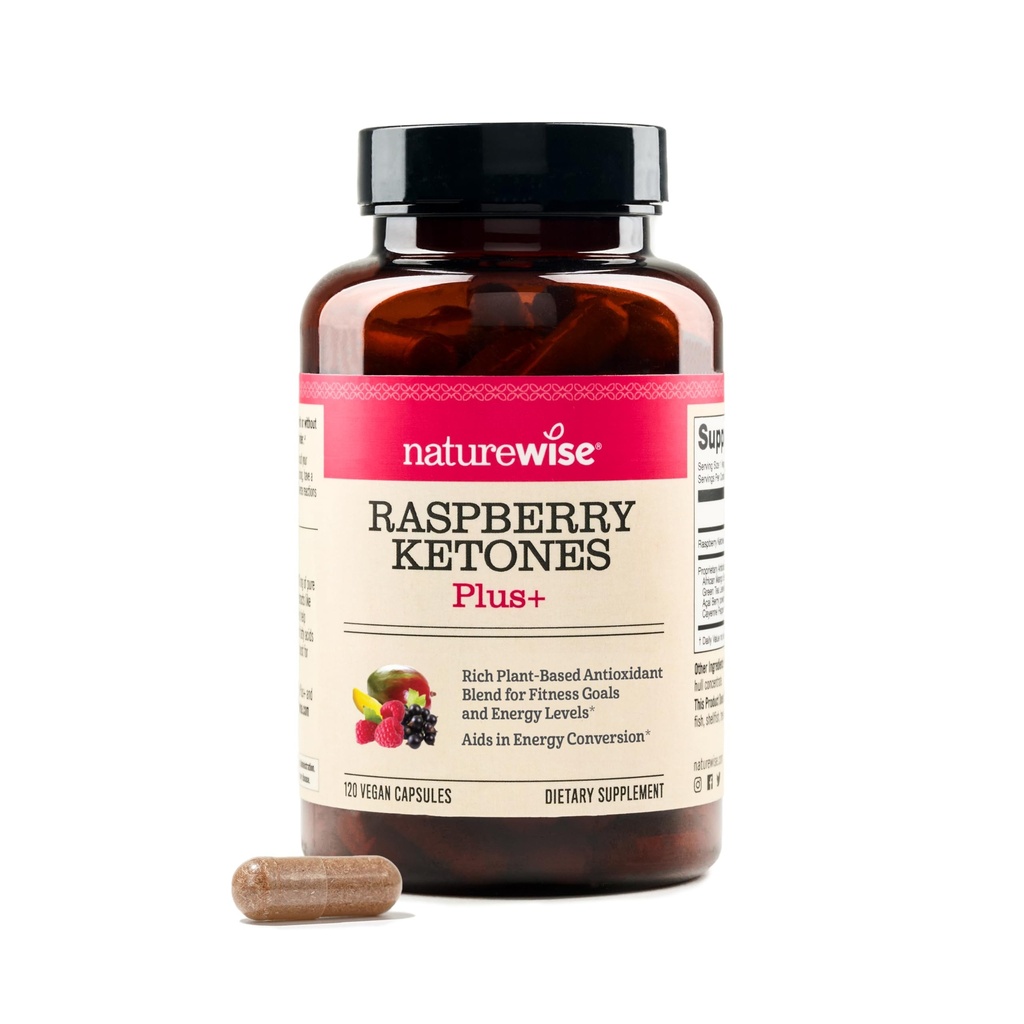 NatureWise Raspberry Ketones Plus - w/ Green Tea Extract, Cayenne Pepper, & Acai Berry - Suportă Antioxidant Health, Niveluri de energie, Obiective de greutate - Vegan & Gluten-Free - 120 capsule[120-Day Supply]