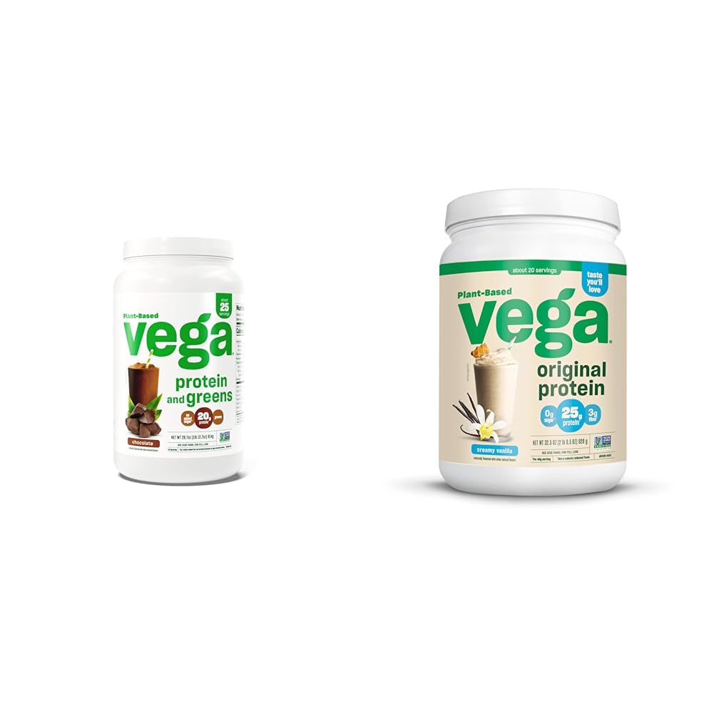 Vega Proteine și Verzi Pulbere de proteine, Ciocolată și original praf de proteine, Creamy Vanilla Plant Bad Drink Mix pentru apă, lapte și piureuri, 32.5 oz