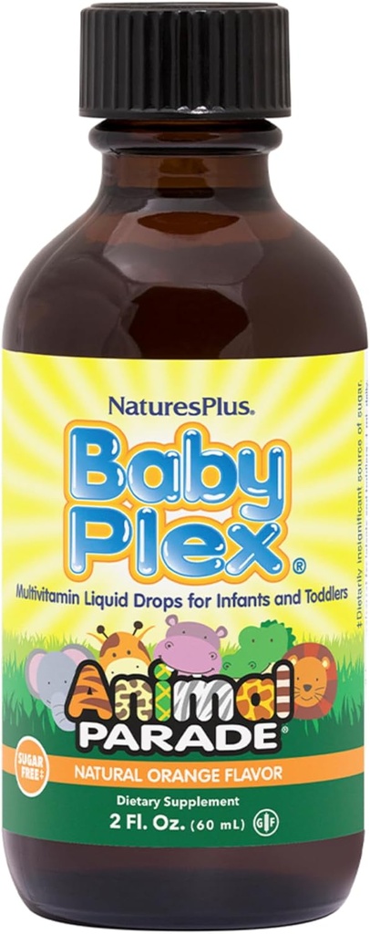 NaturasPlus Animal Parade Pat Plex, naturale Orange Aroma - 2 fl oz, pachet de 2 - Lichid Multivitamine pentru sugari și copii mici - Zahăr gratuit, Gluten gratuit - 120 Serviri totale