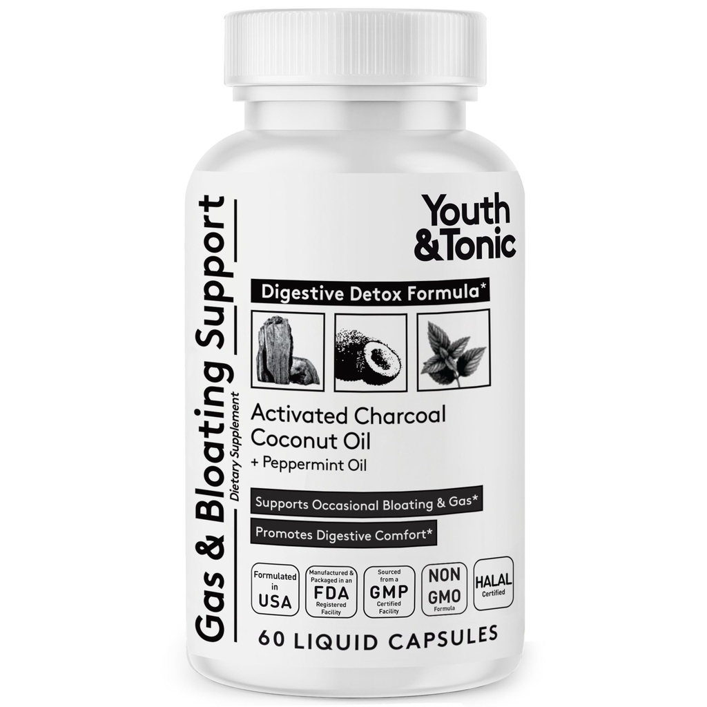 Pilulele de charcoal activat Tineret & Tonic pentru Blooting și gaz Relief pentru Soothe Stomac și Digestive System Detox cu mentă și ulei de cocos organic, pentru bărbați și femei - 60 capsule lichide
