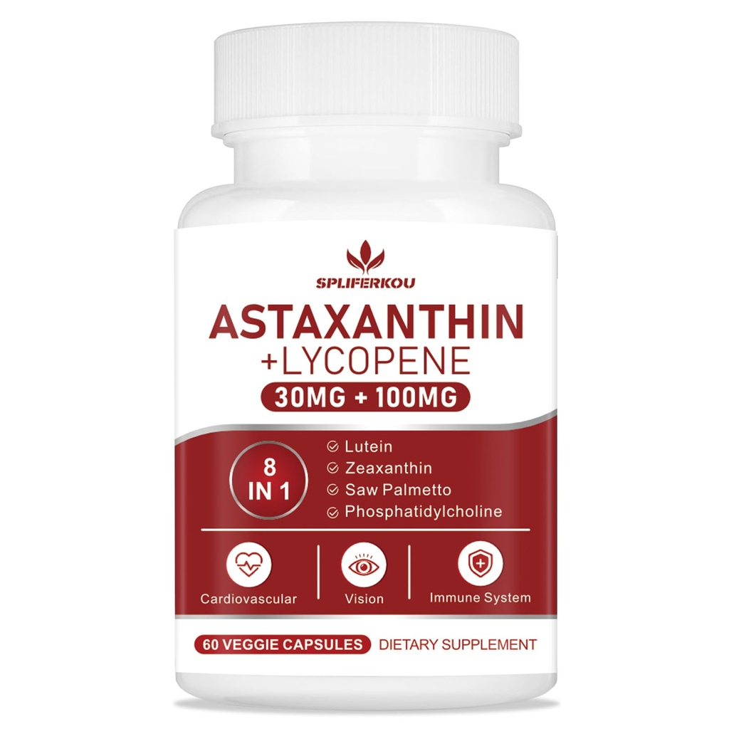 Astaxantină și Licopen 70mg, Astaxantin Supliment cu Fosfatidilcolină, Lutein și Zeaxantină, Suport suplimentar puternic antioxidanți pentru piele, ochi și sănătate comună (60 capsule)