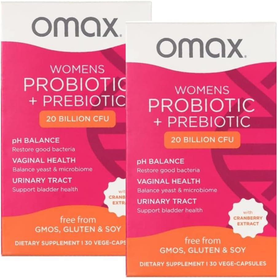 2 ambalaj Prebiotice Omax & Probiotice Complex pentru femei, pH-ul echilibru, Vaginal Sănătate, Tract urinar, Drojdie, UTI/BV Prevenire, pH-ul de umezire 20 Miliarde pana Vegan, Organic, Gluten gratuit, 60 Vege-Capsule