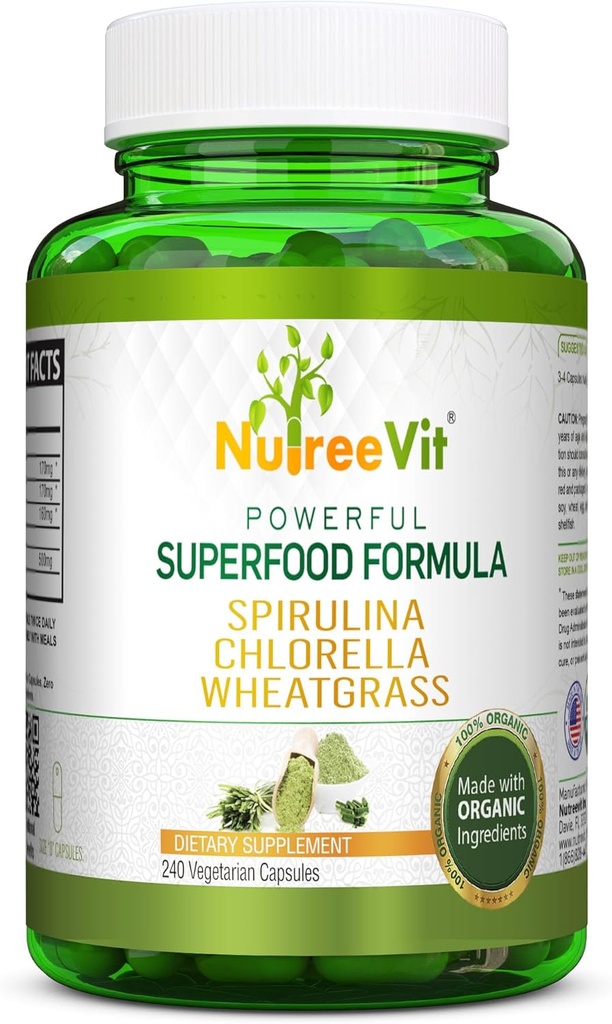 NutreeVit Pure 100% Spirulina organică + Chlorella + Wheatgrass - Superfood puternic - Capsule vegetale 