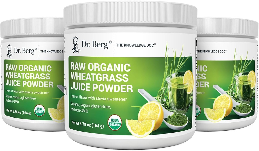 Pulberea de suc de grâu crud a dr. Berg (60 Servings) - USDA Certified Organic Wheatgrass Powder w/ Clorofill, Trace Minerals & Natural Enzymes - Ultra- Concentrated - Lemon Flavor w/ Stevia 3 Pack
