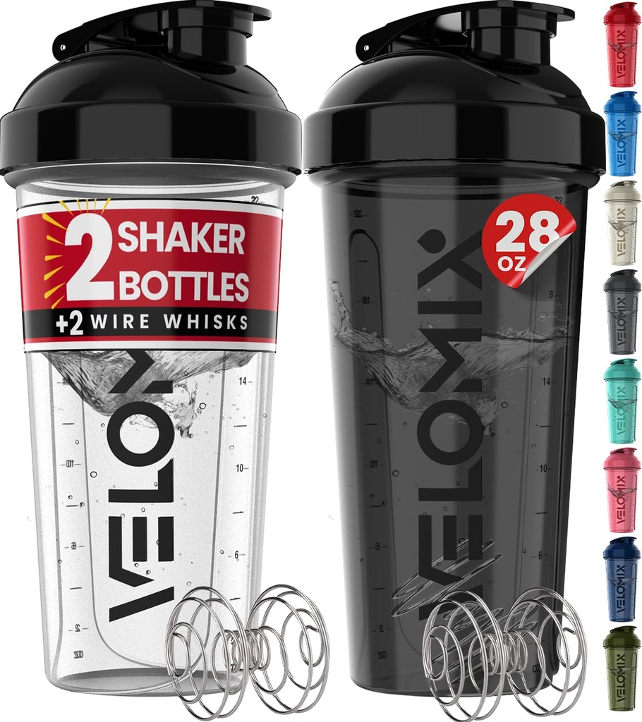 VELOMIX -2 Pack- 28 oz Proteine Shaker Sticle pentru amestecuri de proteine - 2x sârmă Whisk 