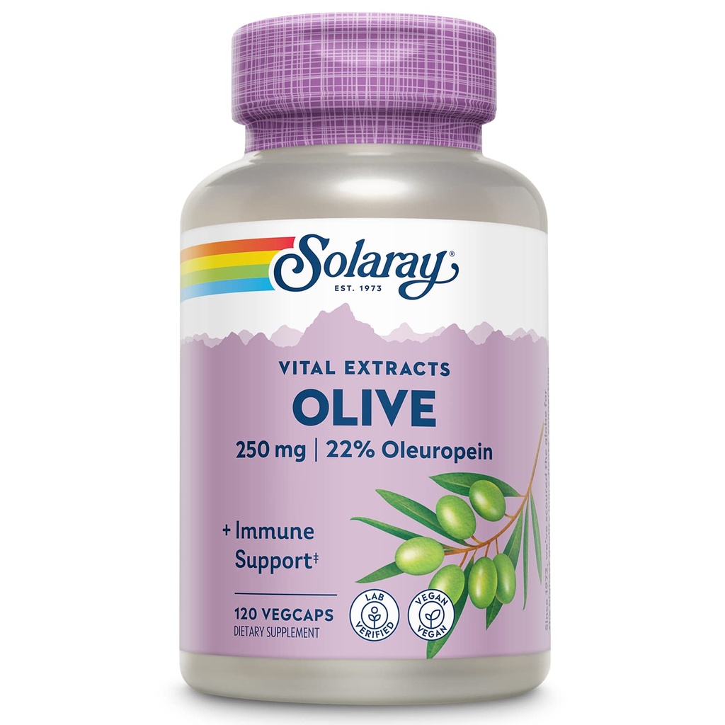 SOLARAY Olive 250mg - Olive Leaf Extract capsule cu 22% Oleuropein, Plus Lemon Balm - Polifenoli Supliment pentru suport Wellness - Vegan, 60-Day Garanție, Lab verificat - 120 Serviri, 120 VegCaps