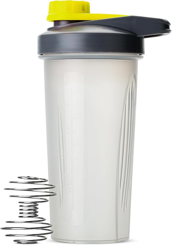 Mr. Pen-Sticle Shaker pentru amestecuri de proteine cu Twist Cap, 28 oz, Gray/Yellow, Proteine Shaker Sticla cu Wire Whisk Ball