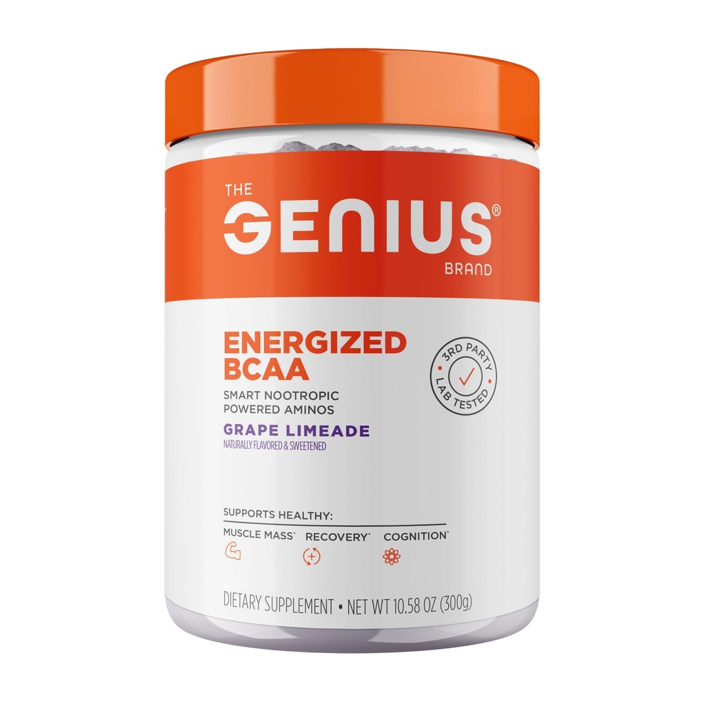 Genius BCAA Powder - 5g Vegan BCAAs L-glutamină, Cognizin & Rhodiola Recovery Muscle Energy Support 100mg Caffeine Pre, Intra, Post-Workout Nootrop Supliment pentru Focus & Performanță - Limeadă de struguri