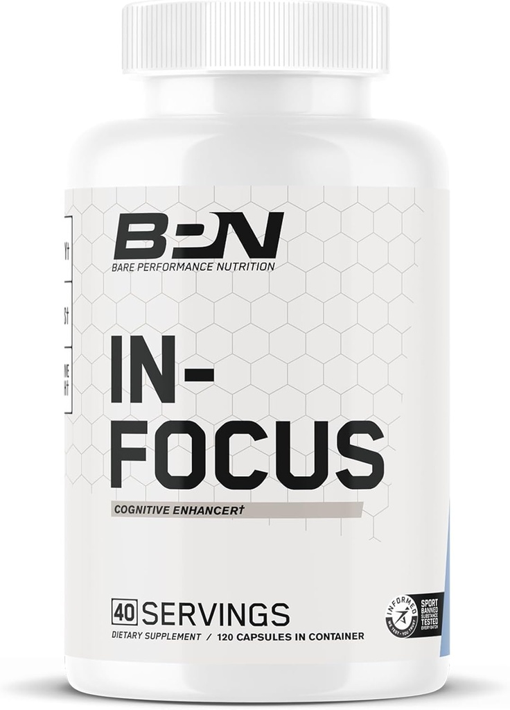 BARE PERFORMANŢĂ NUTRIŢIE BPN în-Focus Creier Supliment pentru memorie şi focus pastile de cafeină, 1g de L Tyrosine per Serving + Alpha GPC, 40 Serviri, Gluten gratuit + Vegan