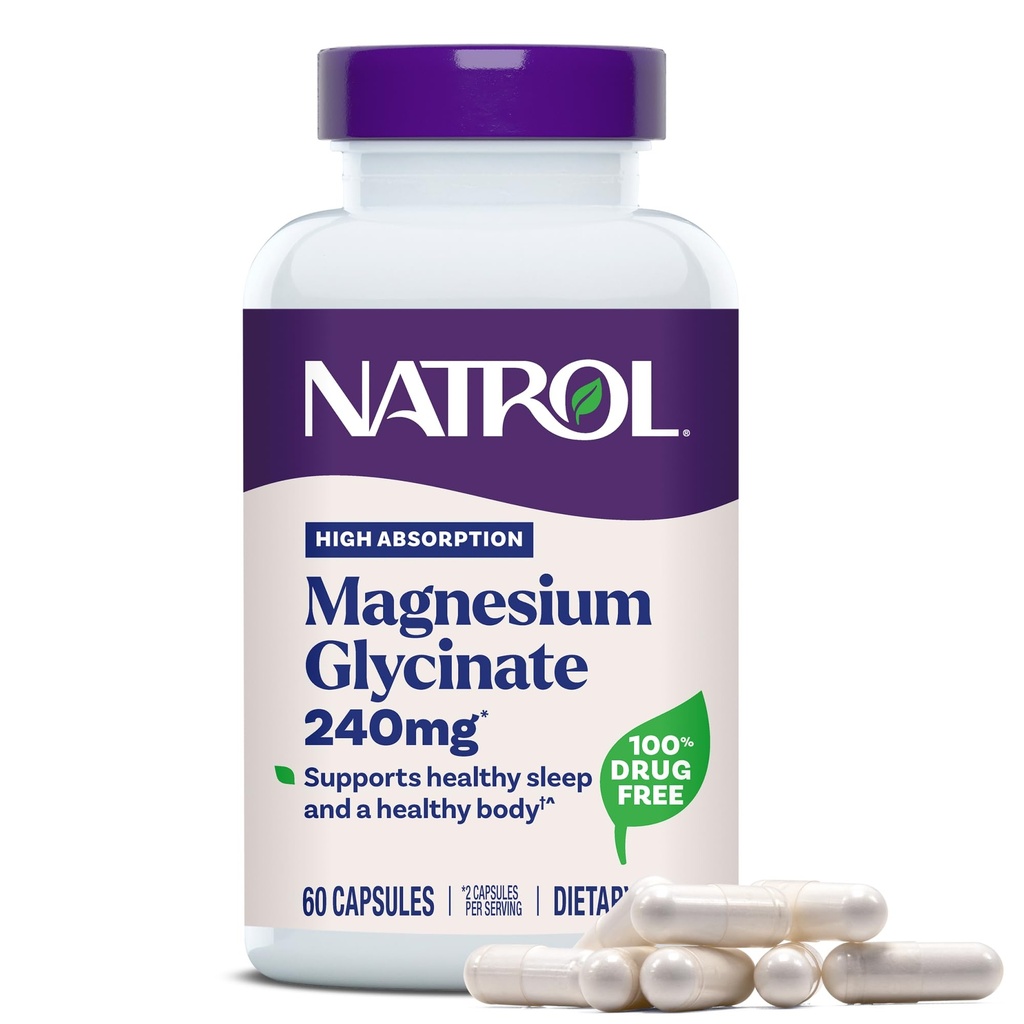 Natrol Magneziu Glicinat Suplimente 240 mg - Absorbţie mare - Glicinat de magneziu calm pentru somn - 60 capsule, 30 zile de aprovizionare