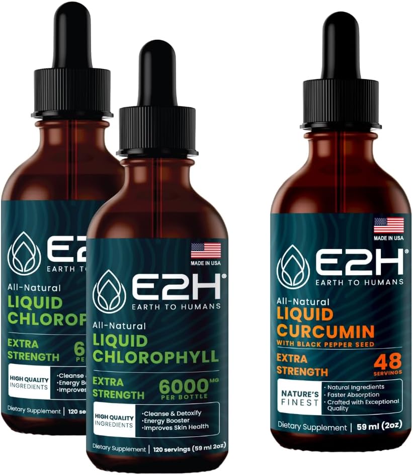 E2H: Clorofile picături lichide (2 ambalaj - 4 Fl Oz) și curcumin turmeric lichid (Single Bottle - 2 Fl Oz)