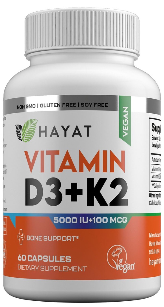 HAYAT Vitamine Vegan vitamina D3+K2 (5000 UI + 100 MCG), Supliment alimentar pentru oase, dinți, mușchi și sprijin pentru sănătate imună, 2 luni de aprovizionare, certificat Halal, 60 capsule, Made in the USA